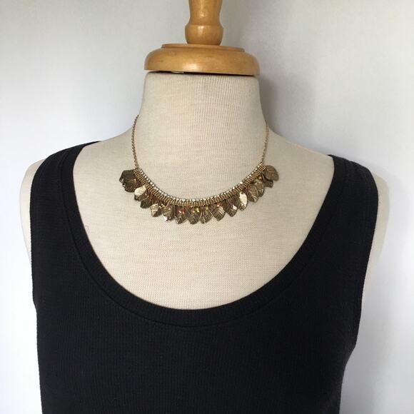 EXPRESS antiqued gold tone dangling leaves Roman collar necklace - Picture 2 of 7